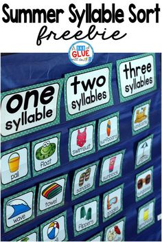 a blue and white poster with words that say summer sylabe sort pre - k