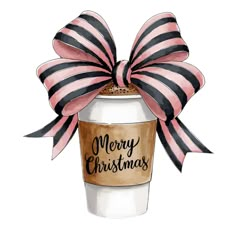 a watercolor painting of a coffee cup with a bow on it's top