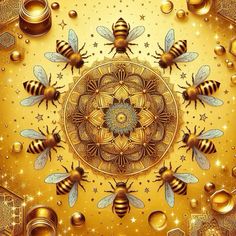 bees and honeycombs on a gold background