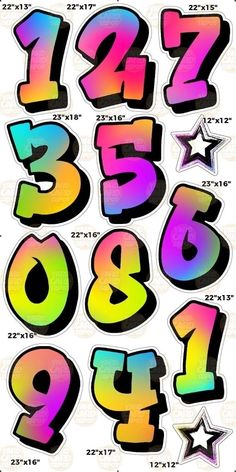 an image of graffiti alphabets with numbers and stars on the bottom, in different colors