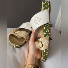 They Are A White, Nude And Green Color. They Don’t Make Them Anymore, Absolutely Beautiful And Would Love To Keep But They Don’t Fit Me Right. Perfect Condition Only Worn 2-3 Times Max Luxury White Flat Heel Sandals, Luxury White Slip-on Slides, Lv Clothing, Chanel Handbags Pink, Louise Vuitton, Miami Girls, Louis Vuitton Shoes Heels, Summer 19, Louis Vuitton Shop