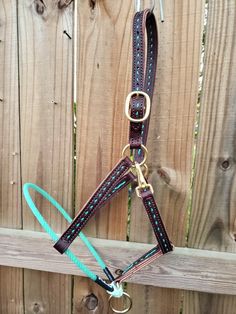 a close up of a horse's bridle and halter on a wooden fence