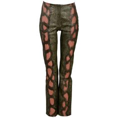 Resurrection Vintage is excited to offer a pair of vintage Jean-Claude Jitrois green and pink python leather pants featuring a center front zipper, front panel lining, slim fit, and a leather back panel. Appear unworn. Jitrois, Paris Size: Small Measurements: Wasit about 26", Hips about 32" (Leather Has Some Stretch or Give) Python and Leather Excellent Vintage Condition Authenticity Guaranteed Pink Python, Green Python, Unique Pants, Statement Pants, Vintage Versace, Leather Pant, Leather Jeans, Virtual Fashion, Vintage Pants