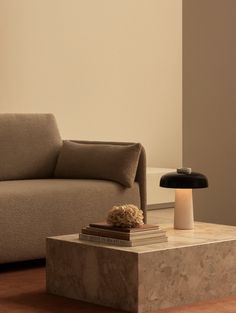 a living room with a couch, lamp and book on the coffee table in front of it