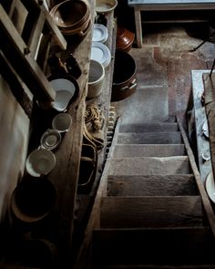 an overhead view of pots and pans in a kitchen