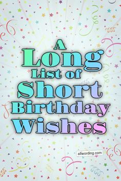 a long list of short birthday wishes with stars and confetti in the background