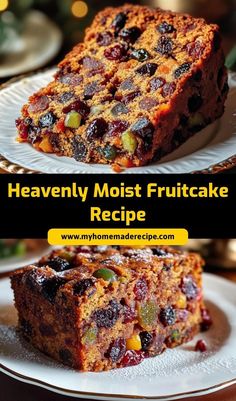 two pictures of fruitcake on plates with the words heavenly moist fruitcake recipe below