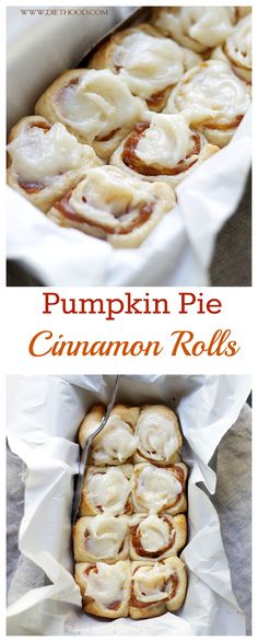 pumpkin pie cinnamon rolls in a white baking dish with text overlay that reads, pumpkin pie cinnamon rolls