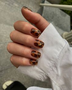 Tortoiseshell nails bring a chic and sophisticated twist to the classic leopard print. This design features a rich blend of amber, brown, and black hues, creating a look that is both elegant and trendy. The glossy finish enhances the tortoiseshell effect, making these nails a perfect accessory for the fall season. The shorter length of the nails makes this design both stylish and practical for everyday wear.   Photo credit by: @lilac.studio.vn Short Nails Leopard Print, Short Leopard Print Nails, Leopard Almond Nails, Leopard Nails Short, Short Leopard Nails, Fall Leopard Nails, Tortishell Nails Design, Gold Leopard Nails, Tortoiseshell Nails