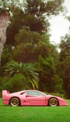 a pink sports car parked on top of a lush green field next to a palm tree