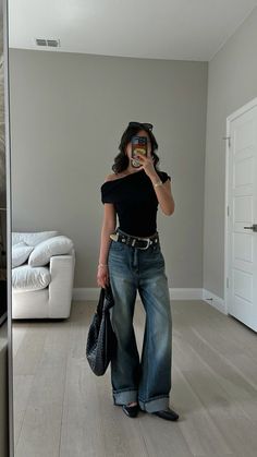 outfit details on LTK   asymmetric top baggy jeans flats outfit Flat Girl Outfits, Dinner Fits Aesthetic, Korean Chic Outfits, Young Leo Dicaprio, Hip Outfits, Asymmetrical Top Outfit, Flats With Jeans, Baggy Jeans Style, Chic Dinner Outfit