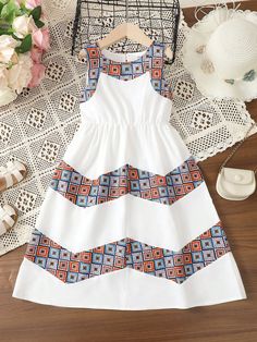 White Boho Collar Sleeveless Woven Fabric Geometric,Tribal A Line Embellished Non-Stretch  Young Girls Clothing Printed Fabric Dress, African Kids Clothes, Kids Girls Dress, Fancy Short Dresses, Kids Dress Collection, Girls Dress Sewing Patterns, African Dresses For Kids