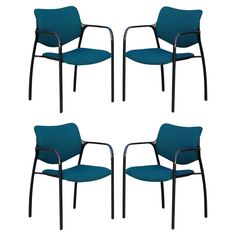 four blue chairs with black frame and arms on each side, set of 4 in various sizes