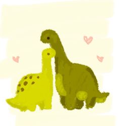 two green dinosaurs sitting next to each other on top of a white surface with hearts in the background