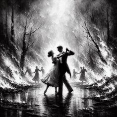 a man and woman dance in the middle of a dark forest filled with burning trees