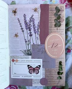 an open book with flowers and butterflies on the pages, next to a paper calendar