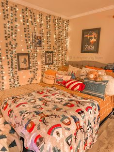 a bedroom decorated with christmas lights and decorations