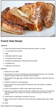 the french toast recipe is shown on this page, with instructions for how to make it