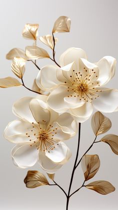 white flowers with gold leaves are on a gray background in this artistic photo, there is no image here to provide a caption for