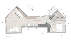 the floor plan for an apartment with two beds and one living room, including a kitchen