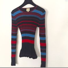 Get In On The 2024 Peplum Trend With This Torn By Ronny Kobo Peplum Knit Top. Multi Colored Bold Stripes. Lightweight Fine Ribbed Knit Fabric. Size Xs Long Sleeves Close Fit Bold Stripes Fine Knit Has Stretch Scooped Neck Collarless Peplum 62% Rayon, 38% Nylon Striped Pattern Ribbed Knit Blue Black Burgundy Wine Red Peplum Ruffle Hem Fitted Jewel Port Fitted Price Firm - Offers Less Than 3 Items Declined/Ignored As Is * No Refunds * No Returns * No Offers * No Trades Chic Fitted Multicolor Sweater, Trendy Fitted Striped Knit Top, Fitted Striped Knit Top, Red Fine Knit Fitted Top, Red Fitted Fine Knit Top, Striped Fitted Tops For Layering, Fitted Red Knit Top For Fall, Fitted Striped Tops For Layering, Fitted Multicolor Crew Neck Knit Top