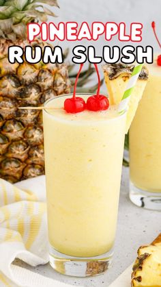 This Pineapple Coconut Rum Slush is the perfect hot summer day cocktail! Made it minutes with just three ingredients, these easy fruity cocktails will be a big hit at pool parties or any gathering with a tropical vibe. Pineapple Rum Slush, Easy Fruity Cocktails, Alcoholic Punch Recipes, Summer Drinks Alcohol, Pineapple Drinks, Pineapple Rum