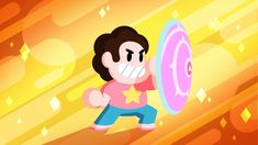 a cartoon character holding a pink frisbee in front of an orange and yellow background