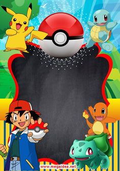 a pokemon birthday party sign with some cartoon characters in front of it and a chalkboard