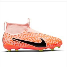 the nike meron fg soccer shoe is shown in orange and white with black accents