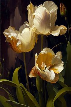 three white and yellow flowers with green leaves in front of a dark background, close up