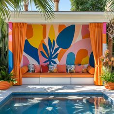 an outdoor pool area with orange curtains and colorful pillows on the couches next to it