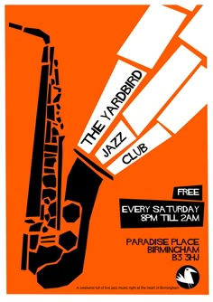 an orange and black poster with a saxophone on it