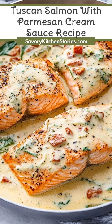 Want to impress your guests with an exquisite dinner? Tuscan Salmon with Parmesan Cream Sauce elevates any meal to gourmet status! This recipe is simple yet stunning, perfect for your Mediterranean dinner ideas. Remember to save this for your future culinary creations! Taste Of Yum, Salmon Recipes Ina Garten, Salmon Wine Sauce, Salmon With Heavy Cream Sauce, Easy Entree Ideas, Salmon With Parmesan Cream Sauce, Baked Fish With Cream Sauce, Tuscan Salmon With Parmesan Cream Sauce, Salmon With Sundried Tomato Cream Sauce