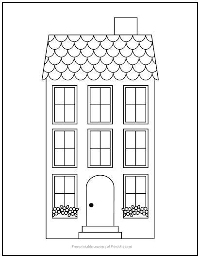 As houses go, this one’s just about picture-perfect, with it’s multi-paned windows, scalloped roof shingles, and pretty window boxes. All it needs is a little color, and your young one will enjoy getting to add that finishing touch! House Templates Free Printable, House Printable Templates, Roof Pattern, House Cutout, Paned Windows, House Coloring Pages, House Outline, Color By Number Printable, Window Drawing