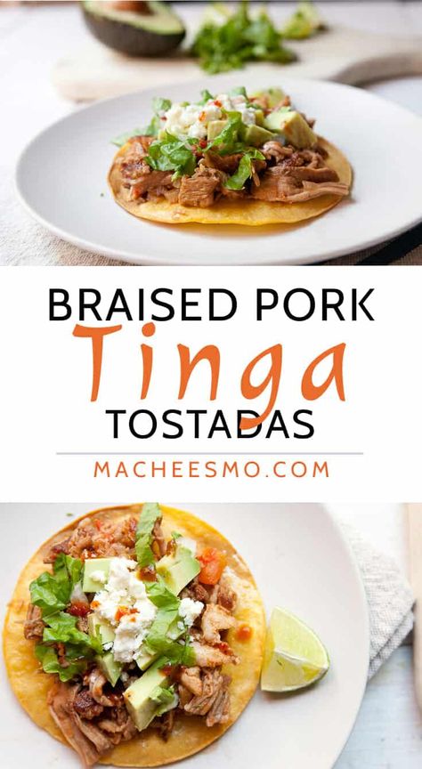 Pork Tinga Tostadas ~ Cook's Illustrated ~ Macheesmo Pork Tostadas, Tinga Tostadas, Pork Shoulder Recipe, Cooking Quotes, Taco Shop, Cooking Photography, Mexican Foods, Shredded Pork, Cooks Illustrated