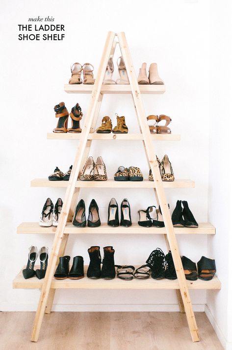 A Pair & A Spare | DIY Update: The Ladder Shoe Shelf Rak Sepatu Diy, Koti Diy, Diy Shoe Rack, Diy Ladder, Smart Tiles, Shoe Shelf, Ladder Shelf, Apartment Life, First Apartment