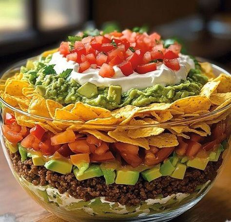 Seven Layer Taco Salad Recipe, Mexican Layered Salad, Seven Layer Taco Salad, Layered Taco Salad Recipe, Layered Taco Salad, Pizza Grilled Cheese Recipes, Oven Baked Tilapia, Honey Garlic Ribs, Layered Taco Salads