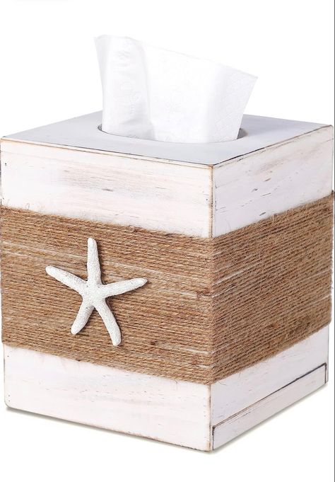 SOMTO Beach Rustic White Wood Square Tissue Box Cover,Farmhouse Bathroom Accessories Starfish Decor Tissue Holder with Slide-Out Bottom Panel Farmhouse Bathroom Accessories, Square Tissue Box Cover, Starfish Decor, Tissue Box Cover, Tissue Holder, Wood Square, Rustic White, Farmhouse Bathroom, Tissue Box