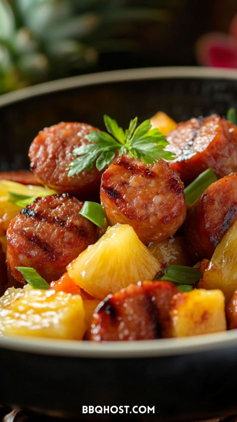 This Hawaiian Pineapple Sweet and Sour Smoked Sausage recipe blends smoky sausage with pineapple’s sweet and sour kick. A perfect low carb smoked sausage dish for a fun and flavorful meal! Save now and click through for 62 more ideas! Low Carb Smoked Sausage, Sausage And Potatoes Soup, Beef Smoked Sausage Recipe, Cheesy Smoked Sausage Pasta, Smoked Sausage Recipe, Smoked Sausage And Potatoes, Sausage Ideas, Sausage Queso, Cabbage And Smoked Sausage