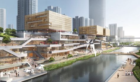 Benoy Releases Images of New Waterfront Development in Wenzhou China | Netfloor USA Waterfront Development, Waterfront Architecture, Commercial Complex, Commercial Street, Mix Use Building, Skyscraper Architecture, Landscape Plans, Commercial Architecture, Architecture Rendering