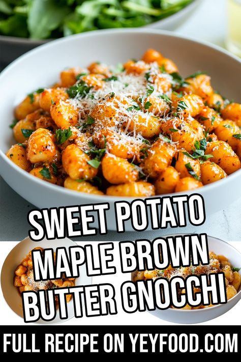 Sweet Potato Maple Brown Butter Gnocchi - Yeyfood.com: Recipes, cooking tips, and kitchen hacks for home cooks of all levels Sweet Potato Brown Butter Gnocchi, Sweet Potato Gnocchi Recipe Sauces, Sweet Potatoes Gnocchi, Sauce For Sweet Potato Gnocchi, Fall Gnocchi Recipes, Sweet Potato Gnocchi Soup, Sweet Potato Gnocchi Sauce, Gnocchi Recipes Sauce, Sweet Potato Butter Recipe