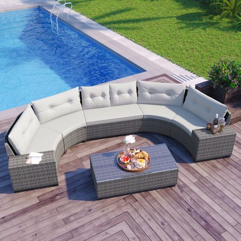 Primestok 6 - Person Outdoor Seating Group with Cushions | Wayfair Wicker Outdoor Sectional, Wicker Sofa Outdoor, Rattan Furniture Set, Outdoor Conversation Sets, Couch Set, Wicker Sofa, Deck Garden, Garden Pool, Grey Cushions