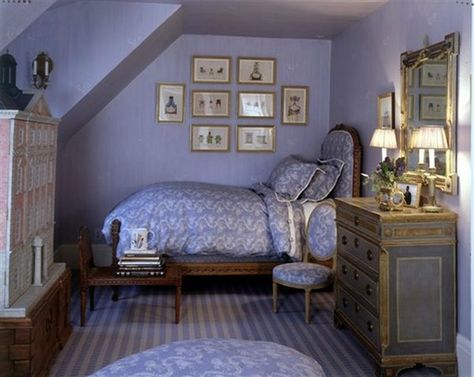 Love this color Periwinkle Bedroom, Periwinkle Room, Alcove Bed, Bed Nook, Attic Bedrooms, Blue White Decor, Attic Renovation, Attic Spaces, Attic Bedroom