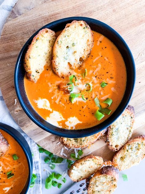 Parmesan Toast, Mediterranean Soup, Tomato Bisque Soup, Parmesan Soup, Bisque Soup, Tomato Bisque, Fontina Cheese, Tomato Soup Recipes, Roasted Red Pepper