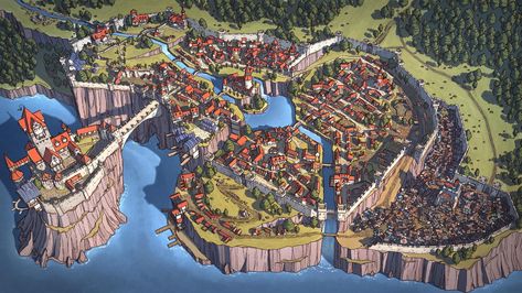 City Map Fantasy Art, Dnd Kingdom Art, Fantasy Walled City, Dnd Town Art, Fantasy Castle Map, Fantasy Port City, Kanabo Club, Medieval City Map, Dnd City Art