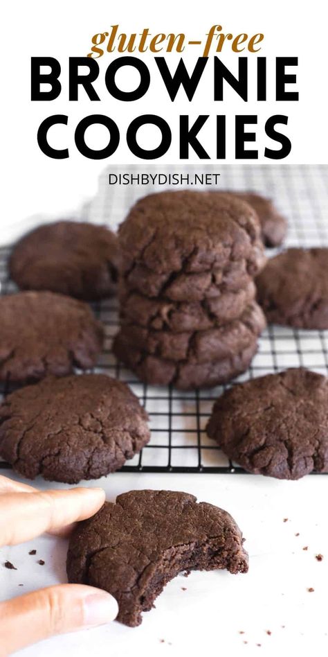 Hey chocolate lovers, these fudgy gluten-free brownie cookies are perfect for you! Rich, decadent, and full of chocolate flavor, you'll want these on your holiday cookie platter, or for snacking on anytime of the year! Ready in less than 30 minutes, these Fudgy Cookies, Gluten Free Brownie, Gf Cookies, Cookie Brownie Recipe, Cookie Platter, Cookie Sandwiches, Gluten Free Brownies, Gf Desserts, Dairy Free Options