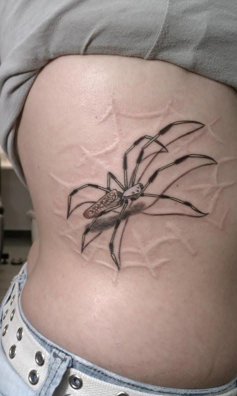 Done by Ward Bassett @ Ace's and Eights Tattoos on Wrightsboro Rd Augusta, GA 843.647.9486 Scarifaction Tattoo, Banana Spider Tattoo, Spider Tattoo On Thigh, Spider Tattoo Placement, Scarification Tattoos, Spider Tattoos, Aces And Eights, Spider Web Tattoo, Armor Tattoo