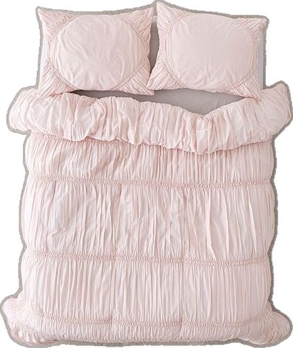 Room Bedding Aesthetic, Light Pink Ruffle Bedding, Fluffy Pink Bedding, Beds With Lots Of Pillows, Pink Scandi Bedroom, Bedroom Decor Light Pink, Pink Ruffle Bedding, Cinched Bedding, Pink Bed Comforters