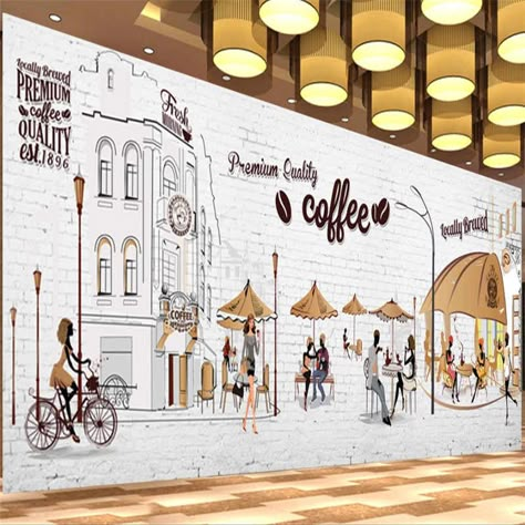 Wallpaper For Shop Wall, 3d Wallpaper For Cafe Walls, Cafe Feature Wall Ideas, Mural For Restaurant Wall Art, Coffee Shop Mural Wall, Coffee Mural Ideas, Background Cafe Coffee Shop, Coffee Shop Mural Ideas, Decor On Brick Wall