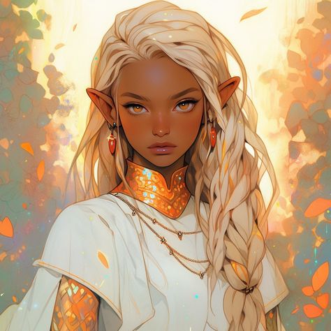 Elf, dark skin,  fantasy,  art,  digital illustration,  original character,  sun elf,  black girl elf,  black elf girl Elf Princess Warrior, Black Elves Art, Sun Elves Dnd, Sun Elf Art, Sun Elf Character Design, Sun Elf Female Dnd, Sun Warrior Art, Dnd Sun Elf, Sun Elf Female